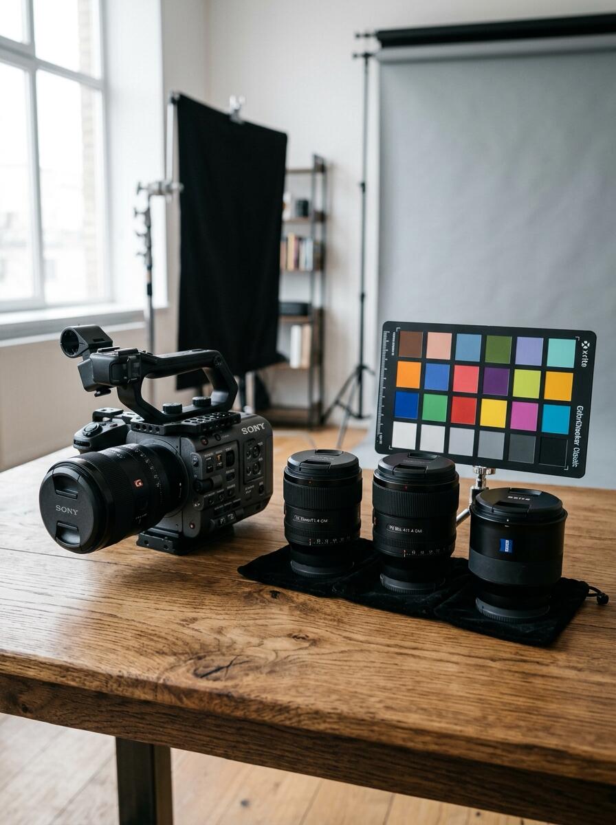 Professional studio camera equipment and color test chart
