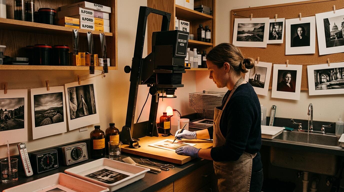 Professional photo studio workstation with amber lighting and fine art prints