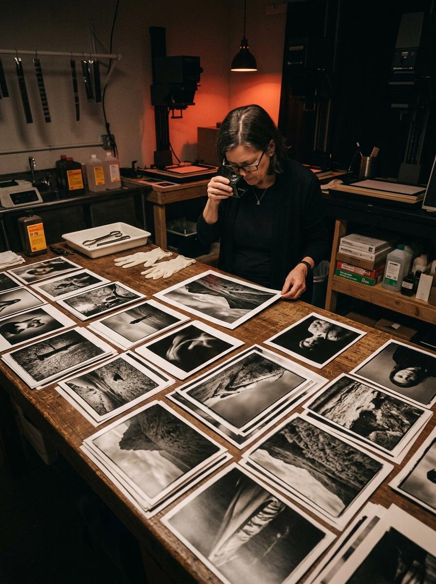 Artistic fine art photography darkroom with monochrome photo prints