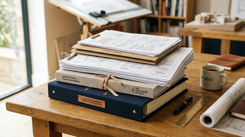 Stack of paper documents and folio layout on a wooden desk