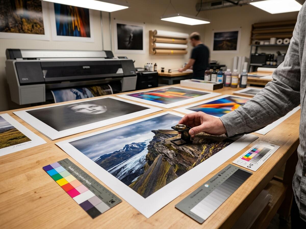 Print studio table with photographic paper and finished prints